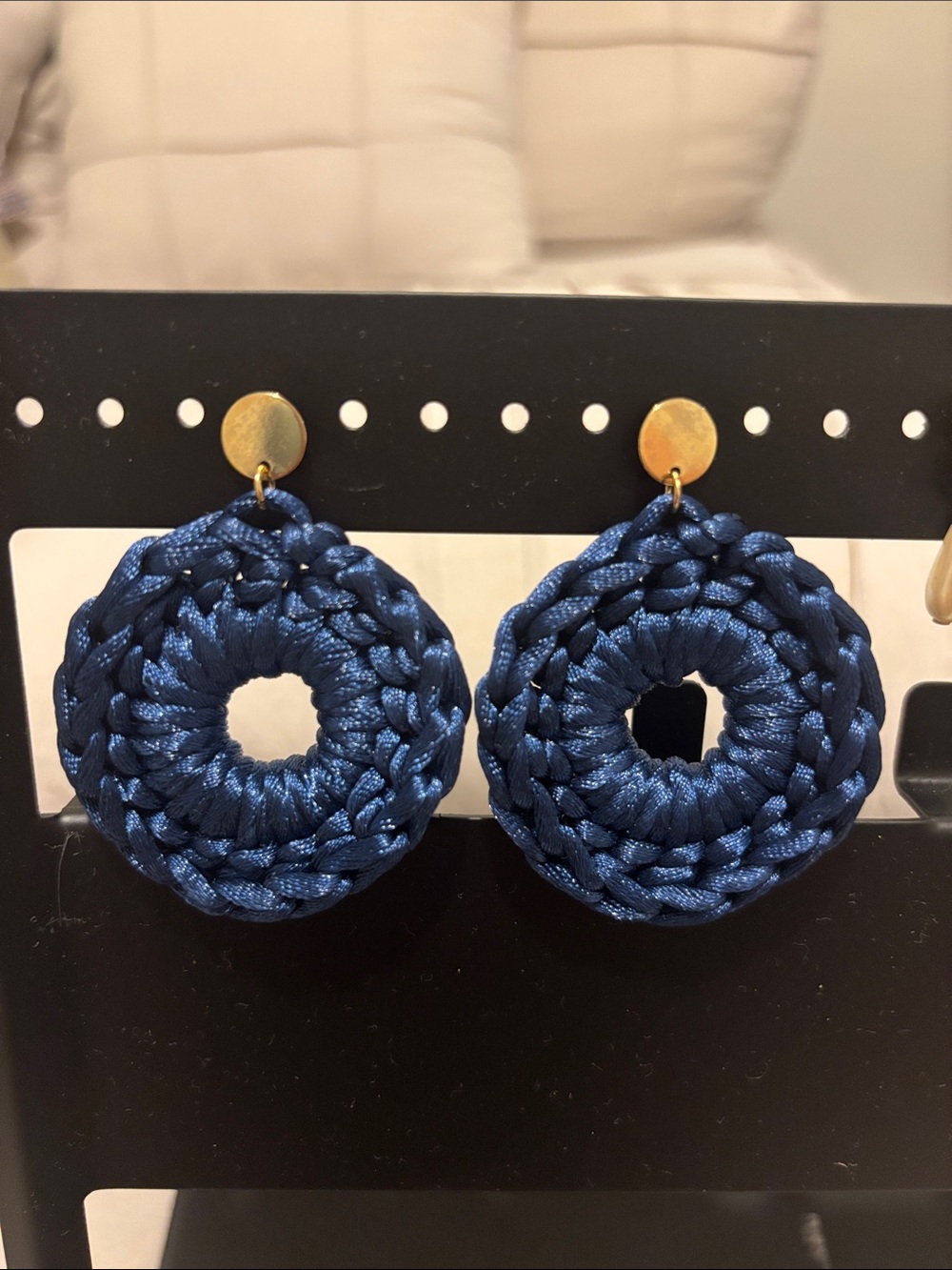 Navy Braided Hoop Drop Earrings with Gold Studs